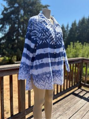 Phases Blue Tie-Dye Button-Down Collared Women’s Shirt Size 1X Coastal Hippie